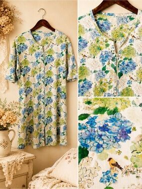 COTN Pima Cotton Hydrangea Bird Print Zip Front Nightgown Size L